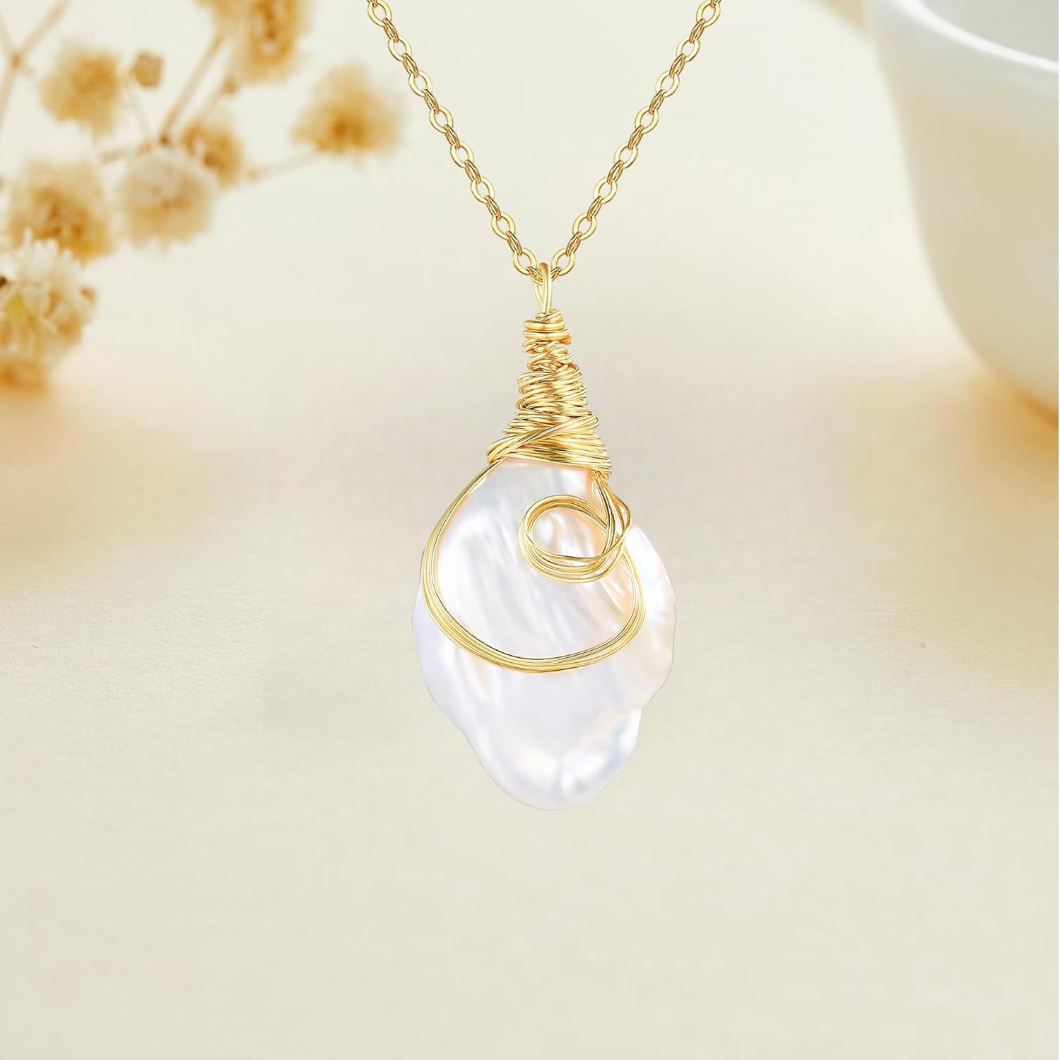 Natural Baroque Freshwater Pearl Dangle Necklace for Women, Wire Wrap Gold Pearl Stud Earrings Jewelry, Matching Pearl Jewelry Set, Best Gift for Mom Lover Her (14K Gold Plated) - Image 4