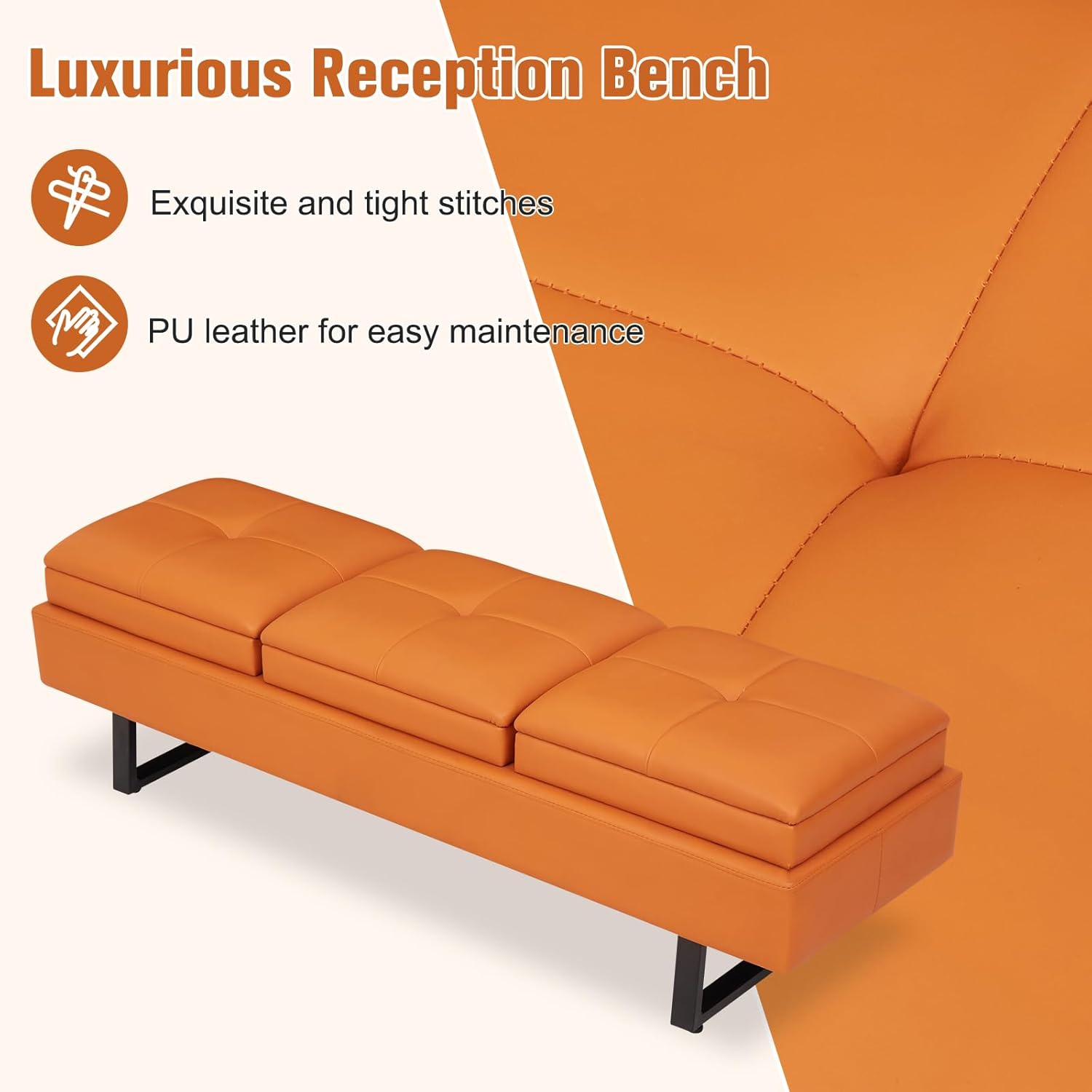 JSUN7 Leather Bench - Office Guest Reception Bench, 3 Seat Waiting Room Chairs with Cushion, Upholered Waiting Room Bench Seating, Office Furniture Lobby Chairs for Salon, Shop, Orange