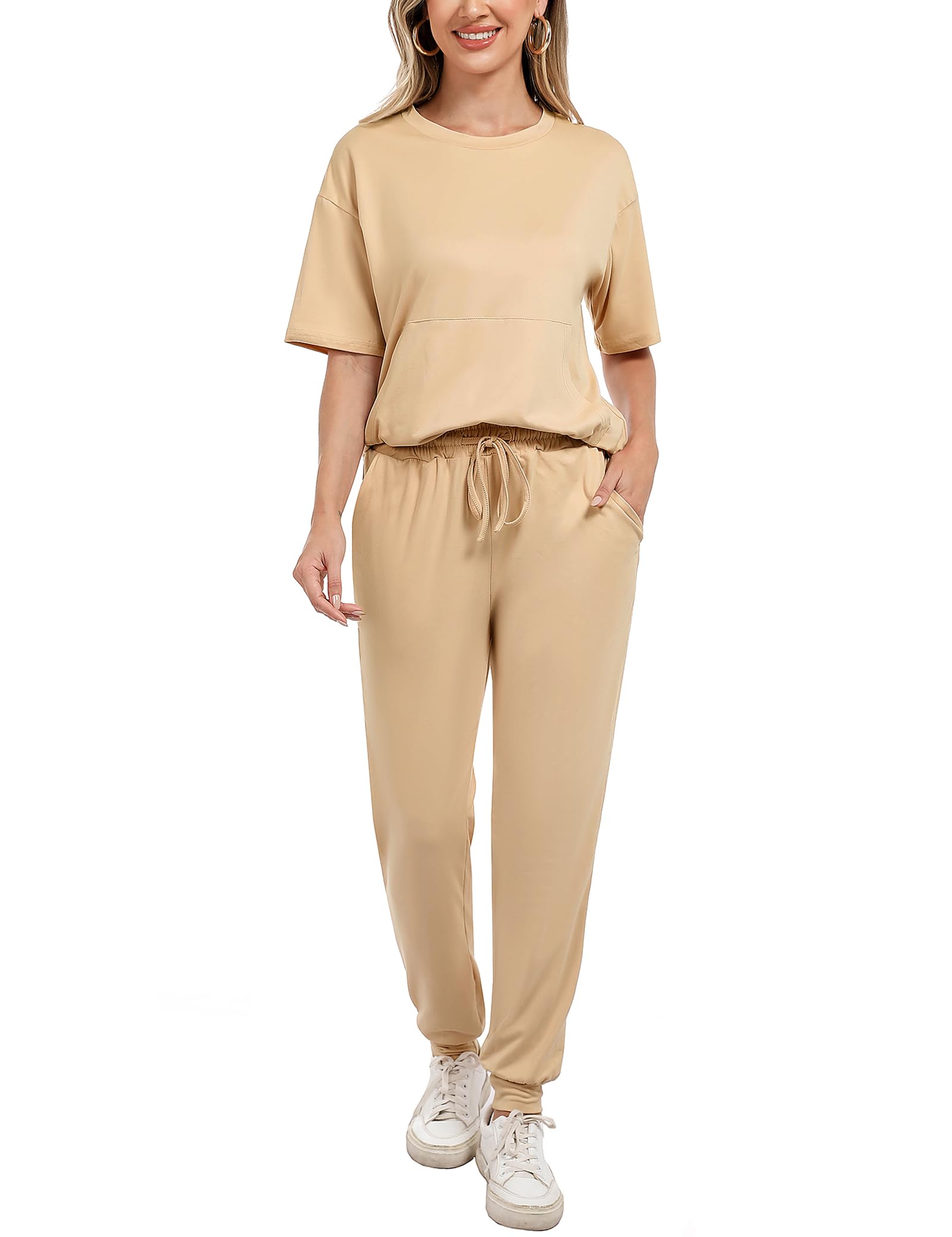 Irevial Damen Jogginganzug Baumwolle Tracksuit Trainingsanzug Sommer Outfits Zweiteiler 2 Stücke Set Kurzarm Top/Hose Freizeitkleidung Sportswear mit Taschen für Running Yoga Gym