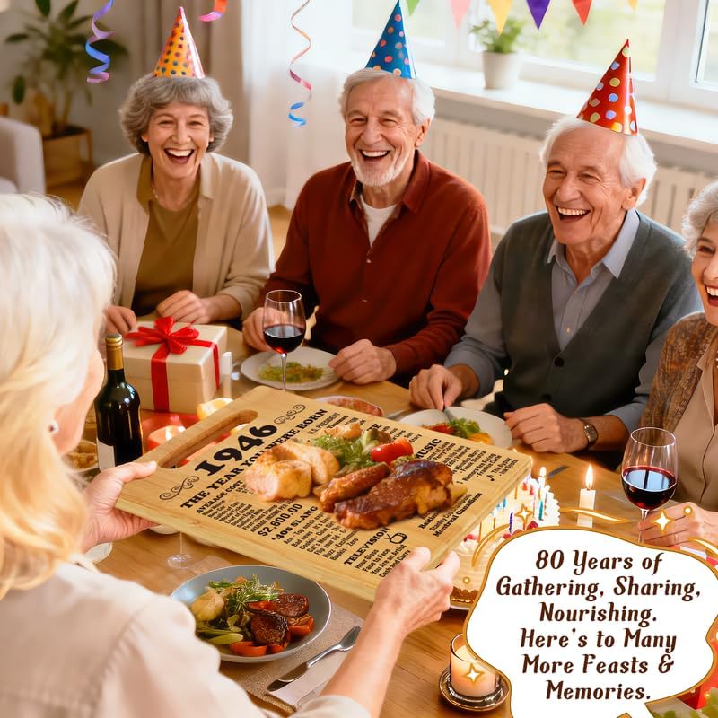 Vista 4 de Regalos de cumpleaños número 80 para mujeres y hombres, tabla de cortar de regalo de cumpleaños de 80 años para ella y él, decoraciones