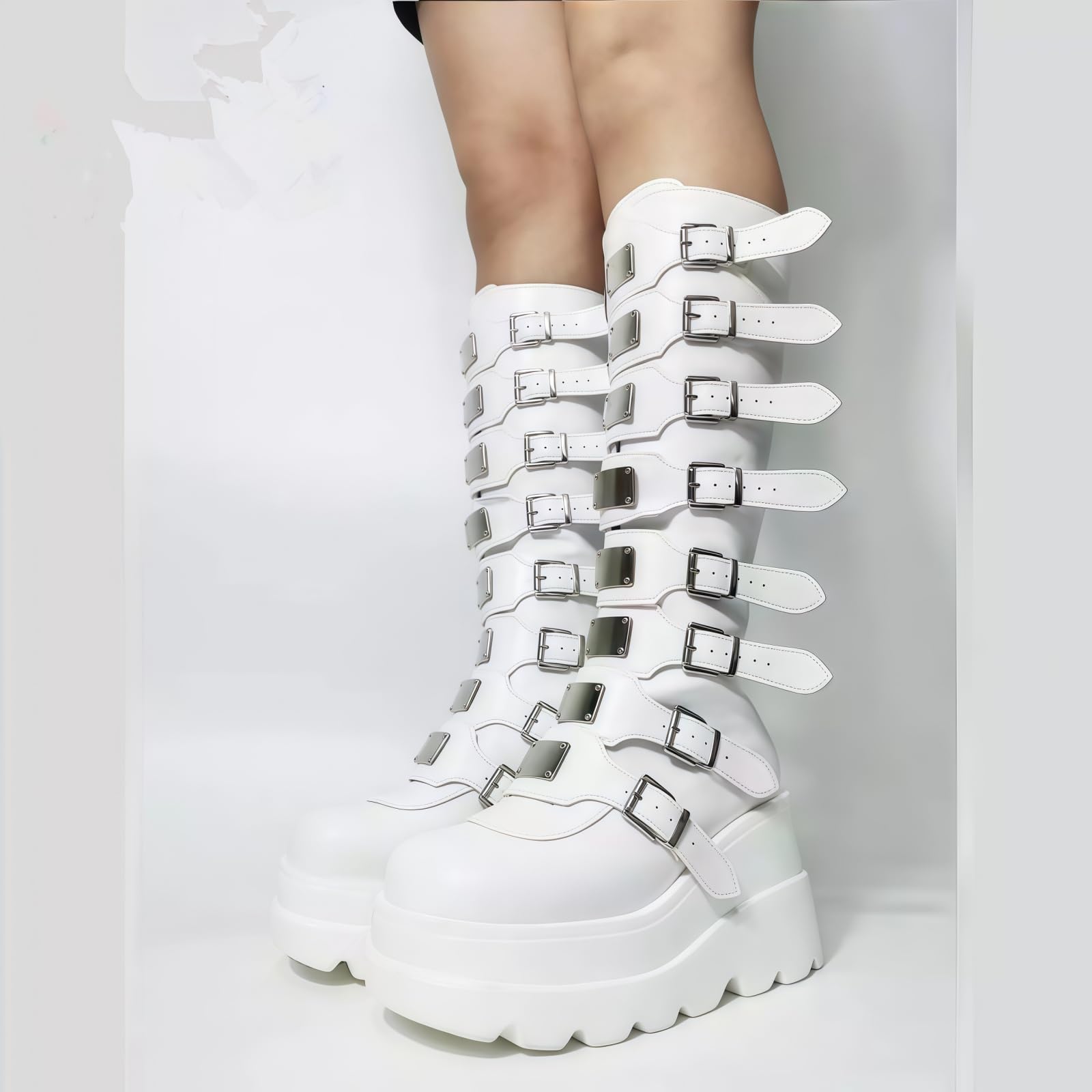 Damen Knie hohe Keil Plattform Stiefel mit Chunky hohe Plattform Absatz Spitze Up & Reißverschluss Punk Goth Mitte Kalb Kampfstiefel Motorrad Stiefel mit Metallschnallen für Herbst Winter