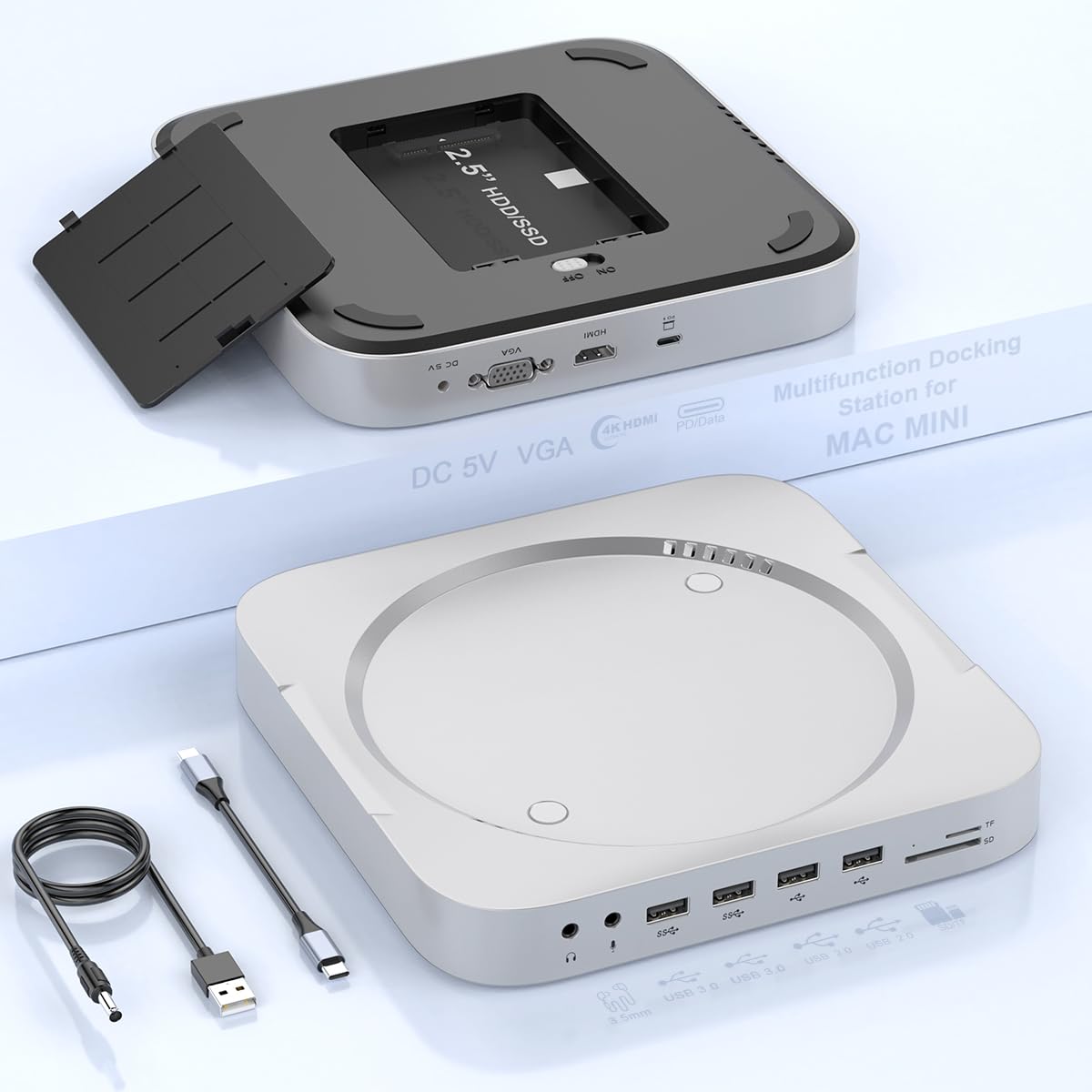 Mini docking station per Mac Mini M2 / M1 con HDMI, VGA, SSD/HDD SATA, USB3.0, USB 2.0, TF e SD, jack video/audio per Mac Mini M2, Mac Studio