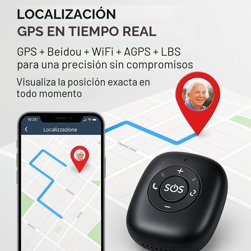 Dispositivo de seguridad portátil con GPS en tiempo real, llamada SOS, geofencia y detección de caídas, administrable por aplicación, ideal para personas mayores, niños y personas frágiles
