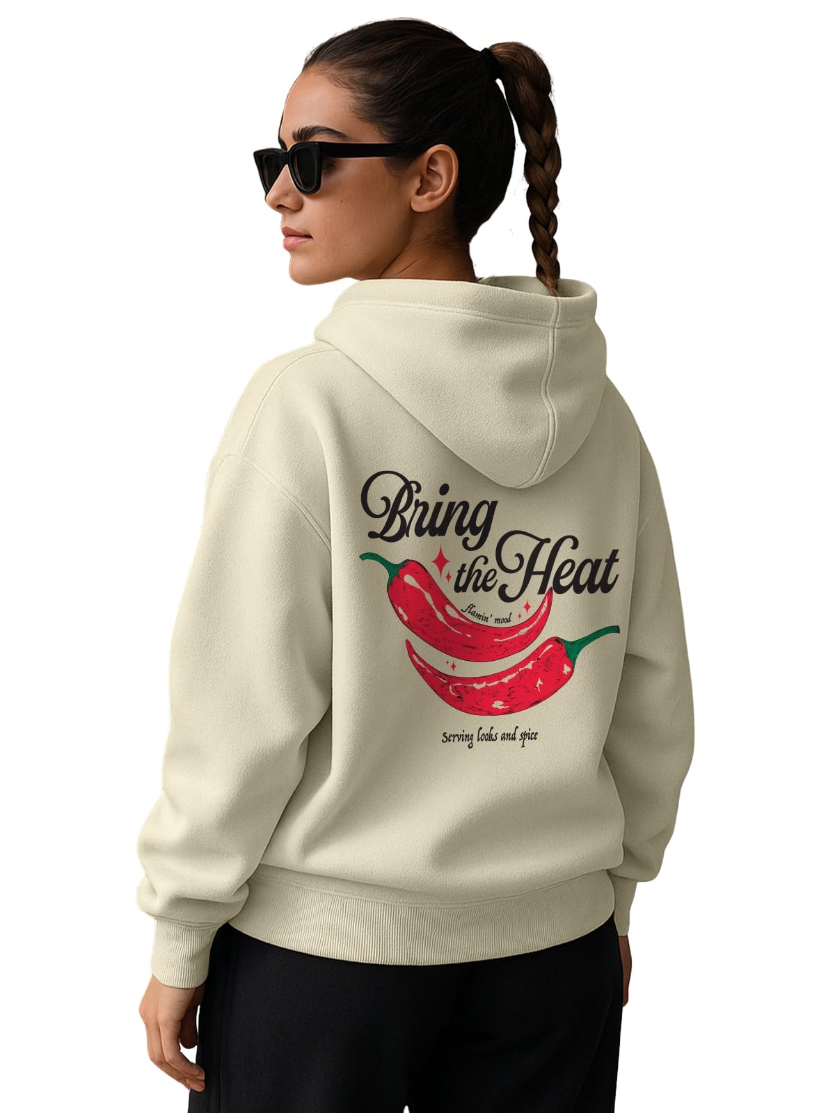 juneberry Polycotton Spun Oversized Fit Drop Shoulder Hooded Sweatshirt Full Sleeves Back Graphic Printed Jumper Hoodie for Women (Colors: Marshmellow, Pink, Black & Red)-picture-29