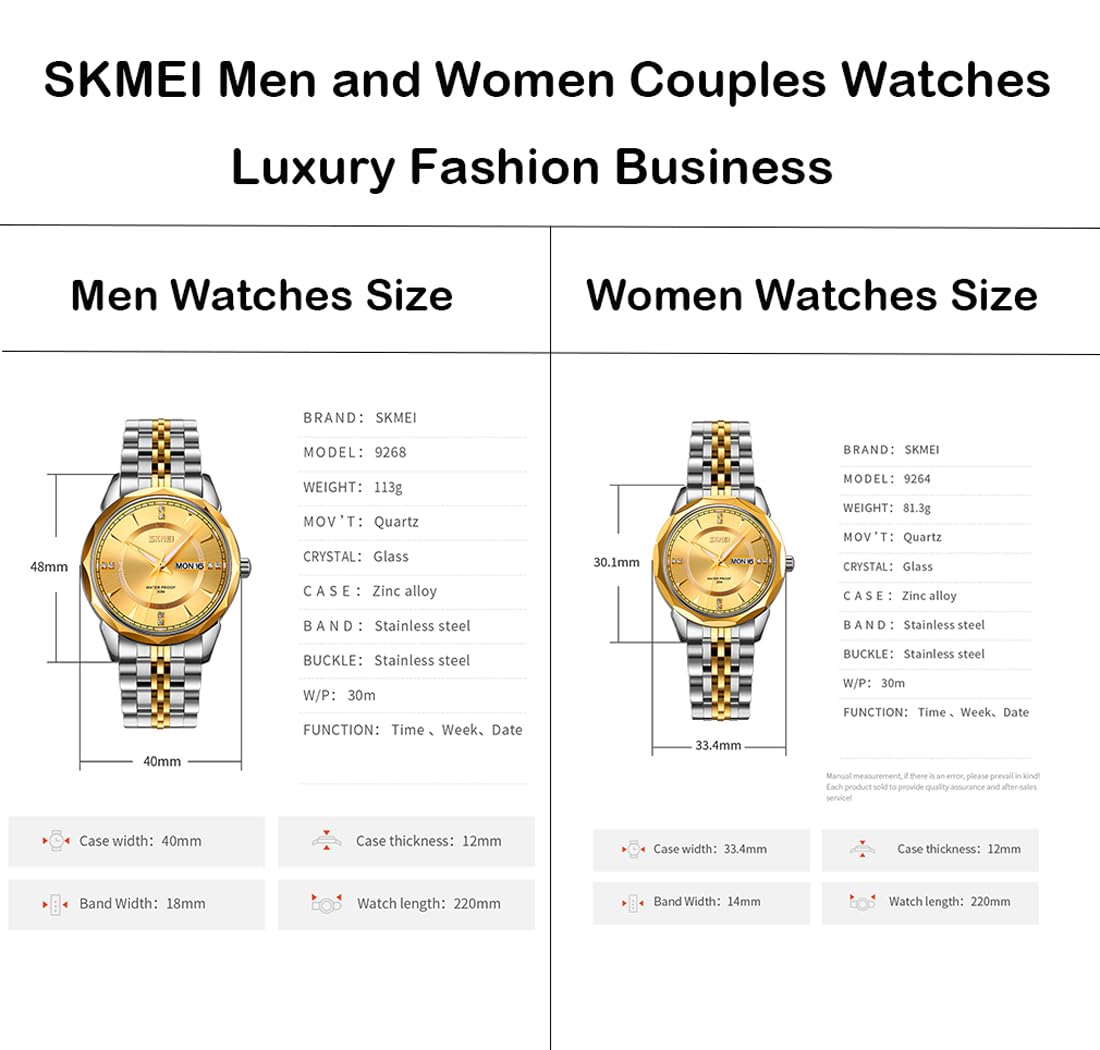 SKMEI Paar Uhren für Paare, Männer und Frauen, für Sie und Ihn, Uhrenset für Ehemann und Ehefrau, Valentinstag, passende Hochzeitsgeschenke, Edelstahl, Luxus, Business-Gold-Armbanduhr, Goldfarbenes