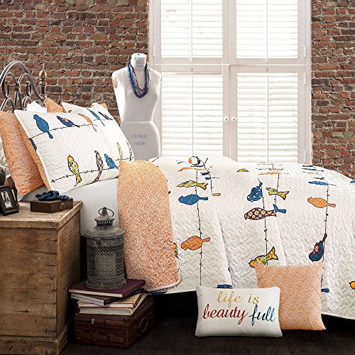 Lush Decor Rowley Birds Quilt Reversible 7 Piece Bedding Set With Floral Animal Bird Print And Decorative Pillows, Full/Queen, Multi #TOP1