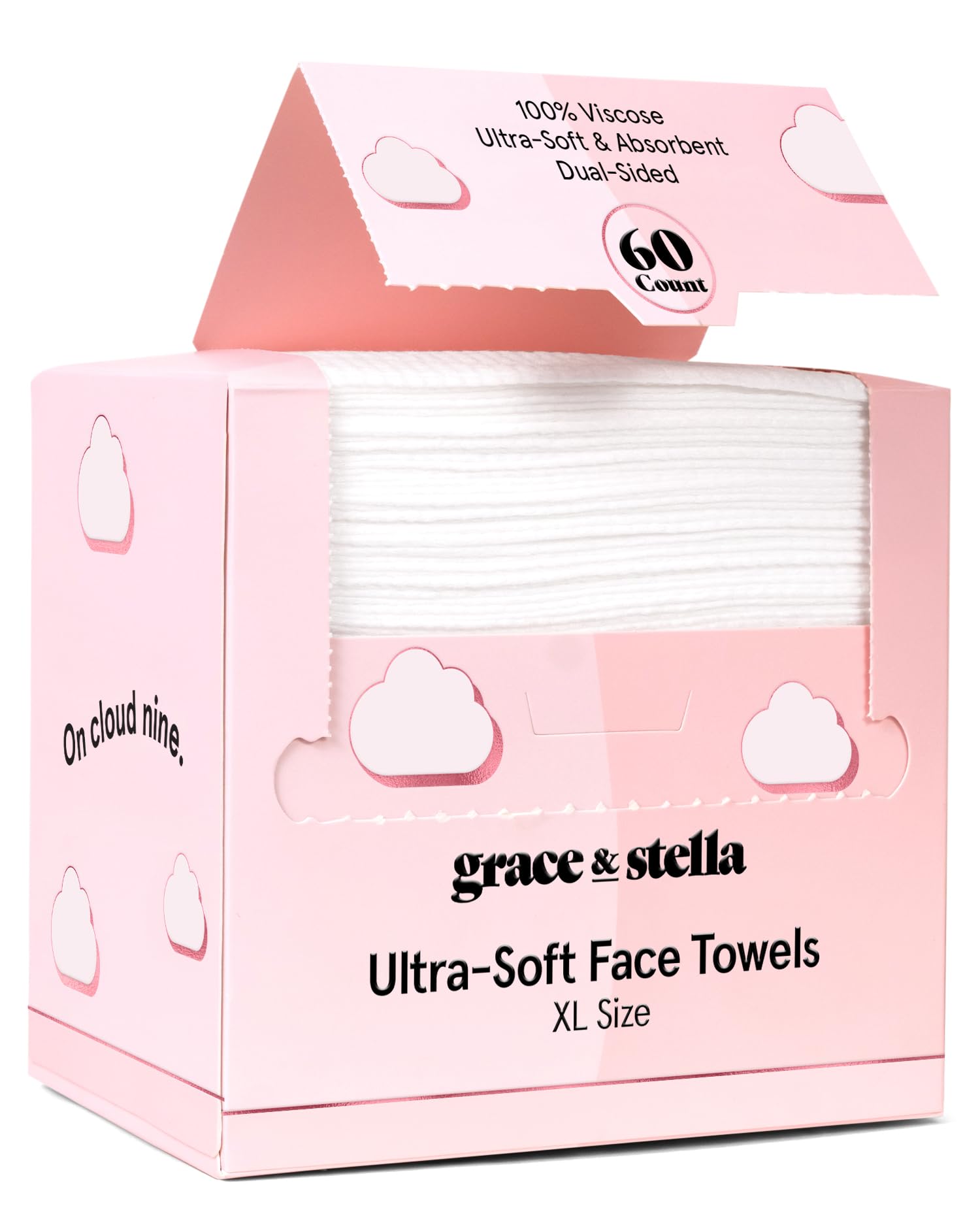 grace & stella Disposable Face Cloths - Ultra-Soft & Absorbent Face Towels - XL Makeup Wipes for Cleansing & Makeup Removal - Thick & Lint-Free Facial Tissue - Vegan, Plant-Based (60 Count)