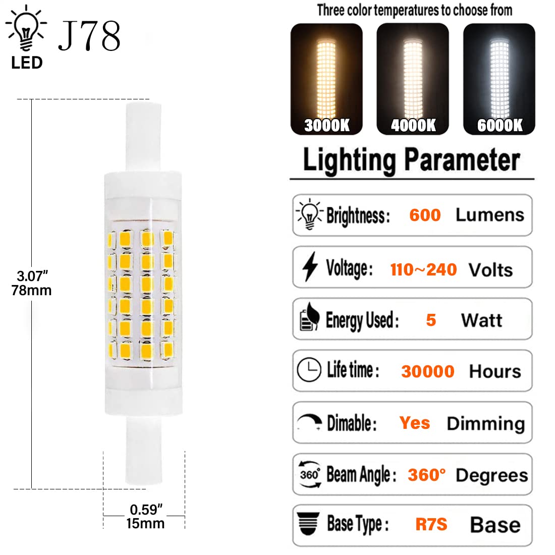 R7S - Bombilla LED de 78 mm, equivalente a 50 W, base de doble extremo de 5 W, luces de inundación J78, 600 lm, regulable, ángulo de haz de 360°, bombillas LED empotradas