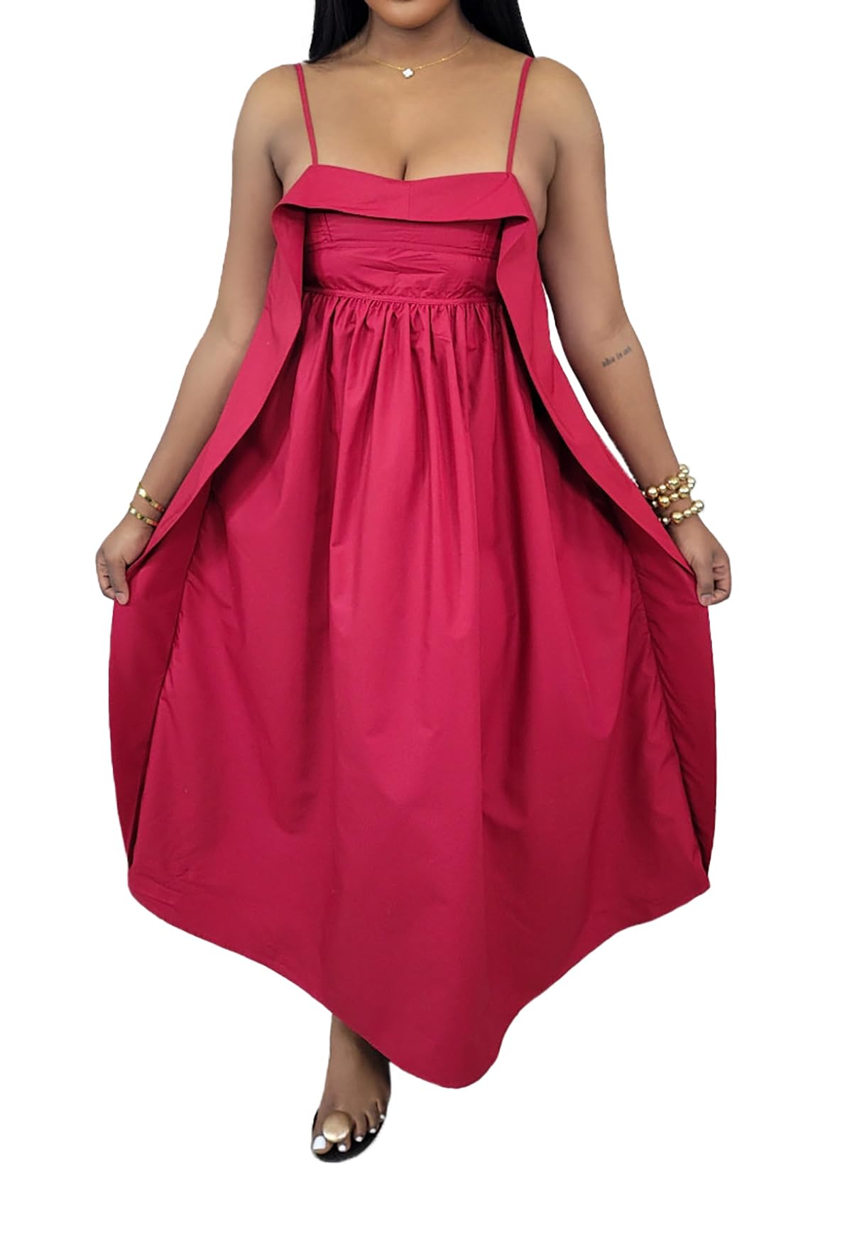 YUEWOO Midi Dresses for Women Casual Summer Sundresses Vacation Outfits Spaghetti Strap Smocked Women Maxi Dress with Pockets