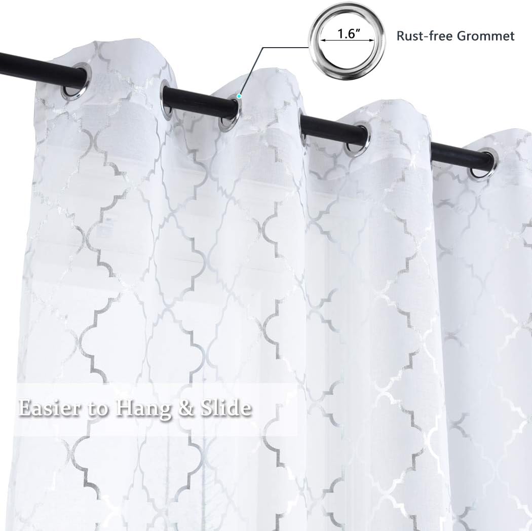 Kotile Silver White Sheer Curtains 84 Inches Long 2 Panels Metallic Shimmer Sheer Curtains for Living Room, Grommet Privacy Light Filtering Glitter Ogee Pattern Sheer Curtains, W52 x L84 Inch