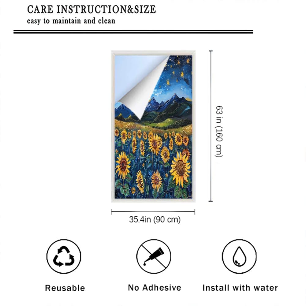 Farmhouse Field Flower Stained Privacy Window Film Vintage Nature Flower Night Scene Window Film Sticker Frosted Window Glass Covering for Home Office 35.4Wx63L-inch