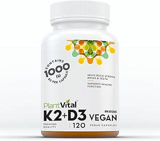 PlantVital High-Potency Vegan Vitamin D3 + K2 (25 mcg + 120 mcg) or Bones, Teeth, Good Health, and Immune System - Patented MK7 Form - K2 D3 vitamin- 120 Capsules.