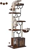 FourFurPets Arbre à Chat Bois 188 cm, Arbre à Chat avec Griffoir et 5 Poteaux Griffoir Chat, Tour Moderne avec Condo, Panier et Peigne de Massage pour Grands Chats, Stable et Design (Marron Rustique) - 1