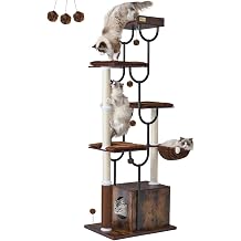 FourFurPets 188 cm Wooden Cat Tree for Indoor Cats, Modern Cat Tower with 5 Sisal Scratching Posts, 1 EVA Massage Comb, 4 Perches & 1 Basket, Tall Cat House & Condo for Adult Cats Rustic Brown
