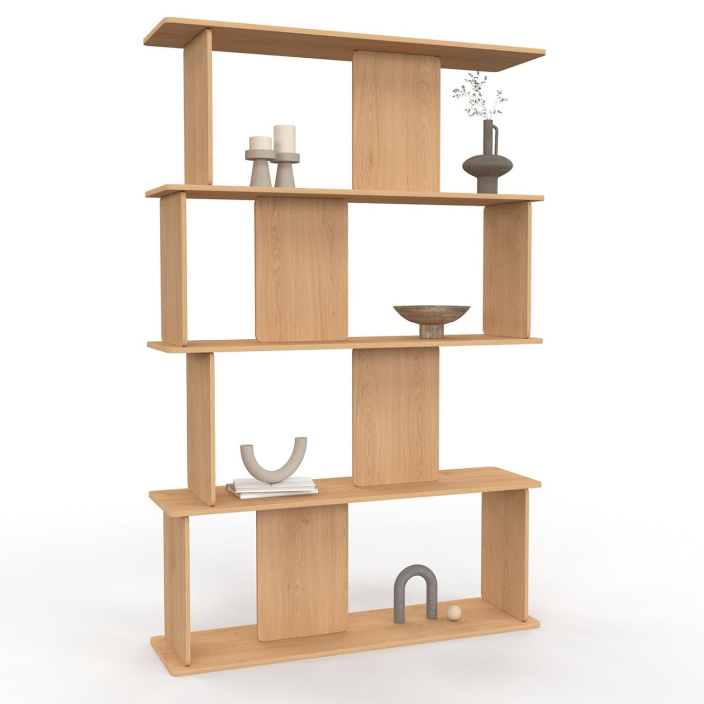 IDMarket - Regal mit 4 Ebenen japandi Capucine asymmetrisch in Buchenholzoptik abgerundetes Design