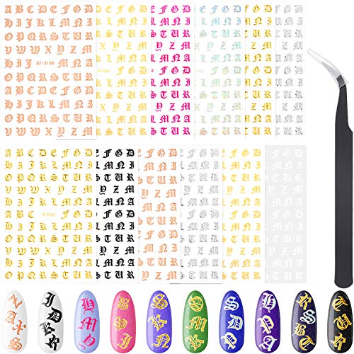 12 Sheets Holographic Letter Nail Art Stickers Old English Alphabet Nail Decals Gummed Adhesive Letter Nail Stickers with Tweezers for Holographic Nail Art Decor, 8 Colors