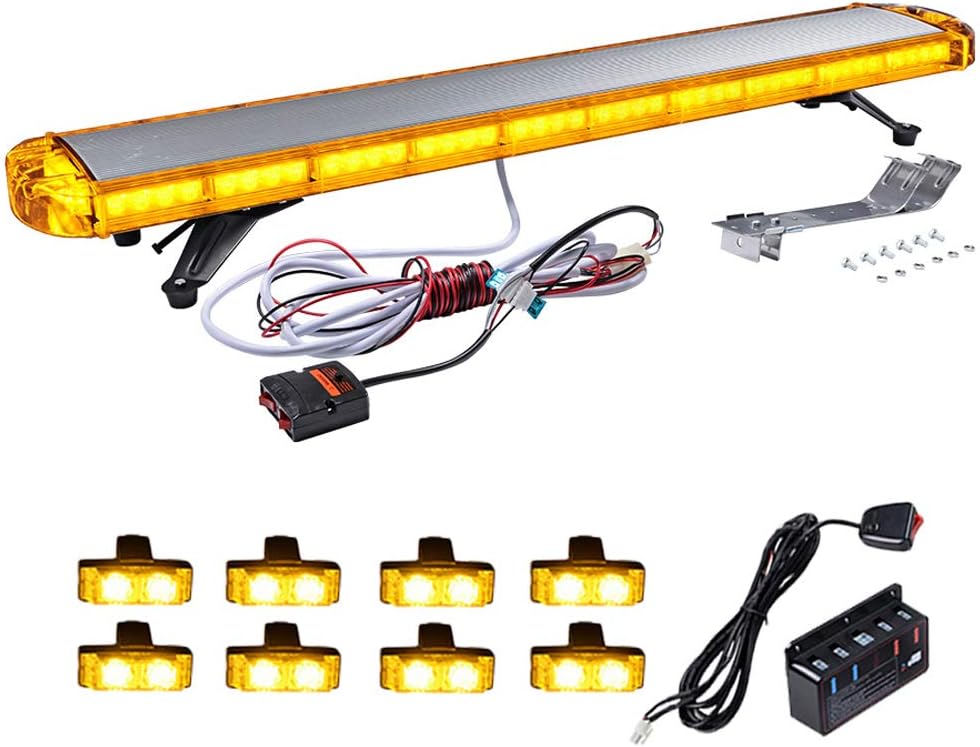 Amber 47 Inch 88 LED Emergency Security Safety Warning Beacon Strobe Light Bar & 8PCS 2-LED Flashing Grill Light Ki Plow Tow Truck Response Vehicle
