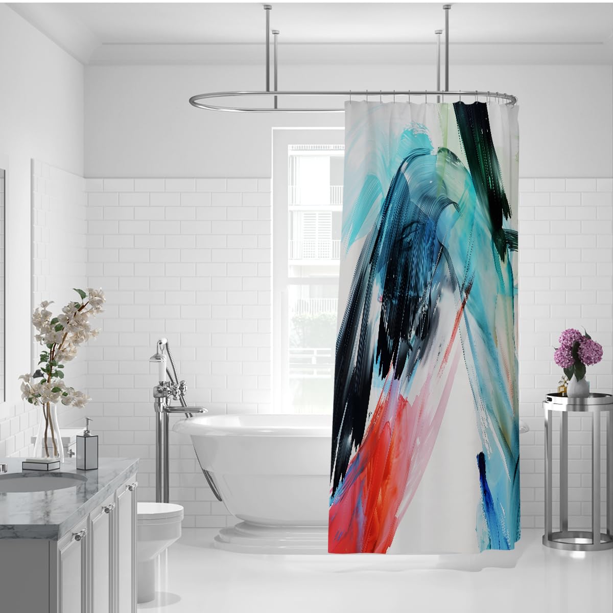 Rideau de Douche Aquarelle Abstraite Rouge et Bleu W240xL180 cm