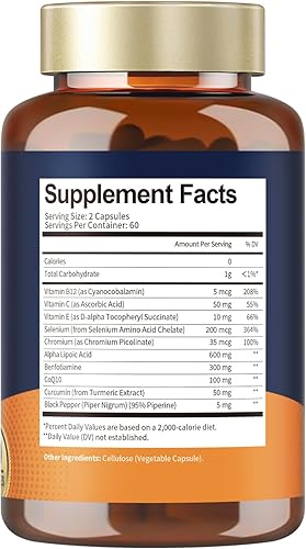 Miniatura 7 de Ácido alfa lipoico 600 mg con benfotiamina 300 mg - Suplemento ALA para neuropatía, apoyo nervioso y antioxidante, energía celular, metabolismo y