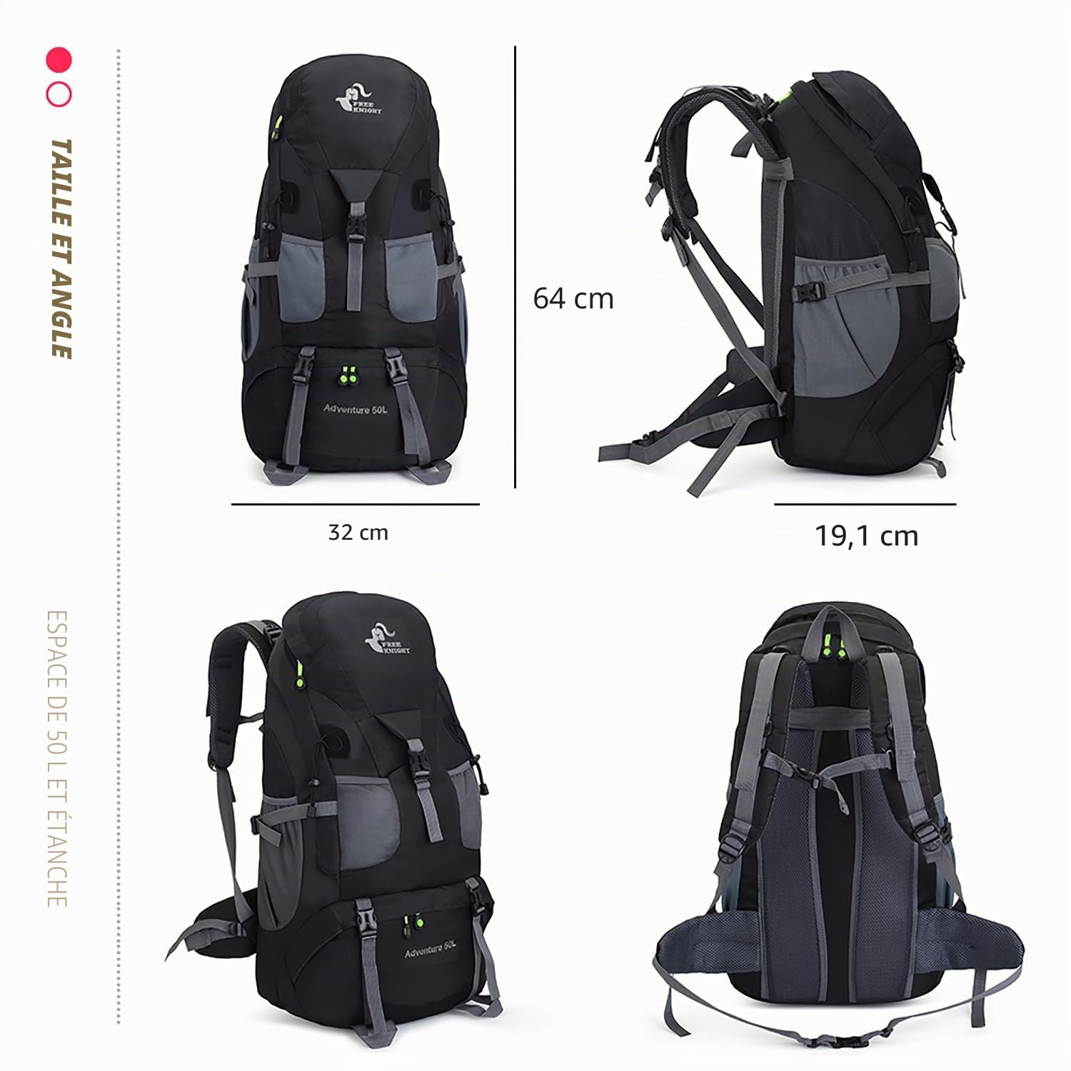 Bseash Sac à dos de randonnée léger et résistant à l'eau 50L, sac de jour pour le sport en plein air, sac de voyage pour l'escalade, le camping, le tourisme.
