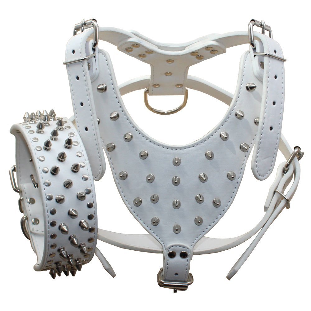 Harnais pour chien de grande race en cuir clouté blanc pour stopper les tractions