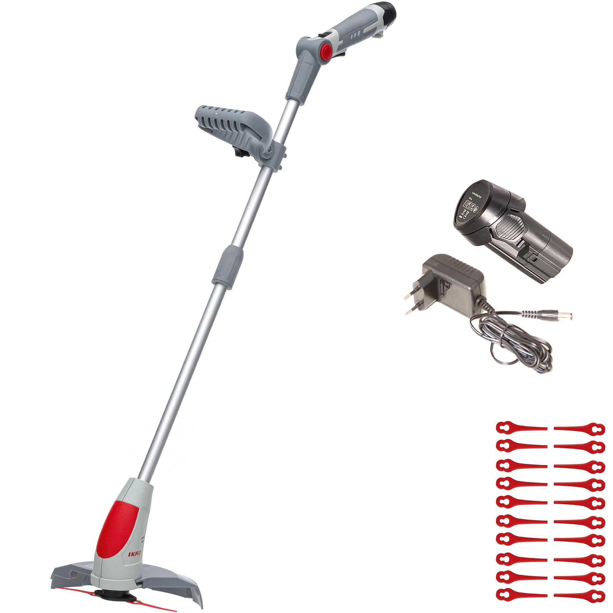 IKRA Podkaszarka IART 1224 z akumulatorem, ładowarką i 20 ostrzami | Lekka:1,5 kg,szerokość cięcia 24 cm,uchwyt 4-stopniowy,kompatybilna z rodziną akumulatorów IKRA 12 V