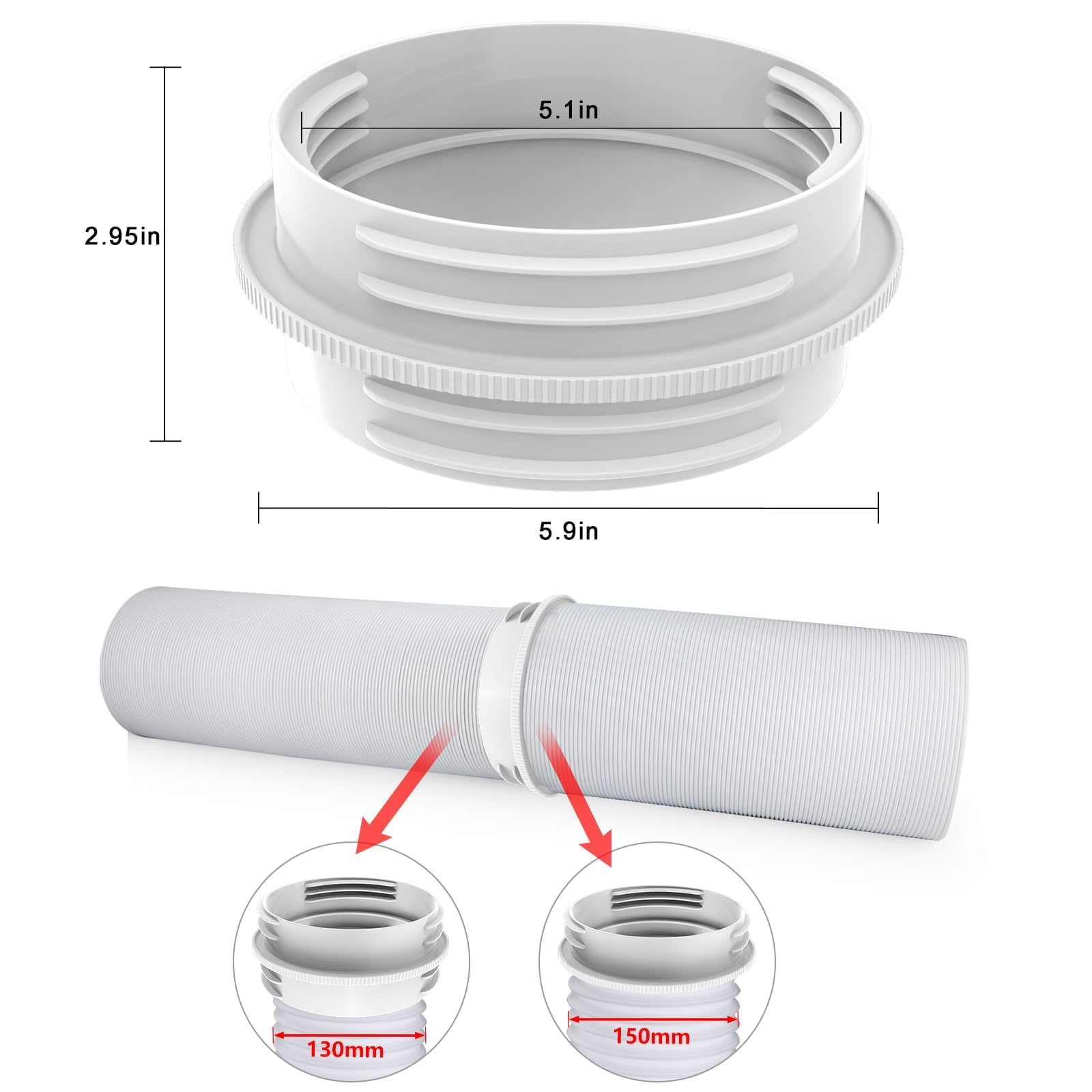 Tubo di scarico, climatizzatore, diametro 130 mm, prolunga 150 cm, con adattatore 130 mm interno/150 mm esterno, tubo di scarico universale per condizionatore d'aria