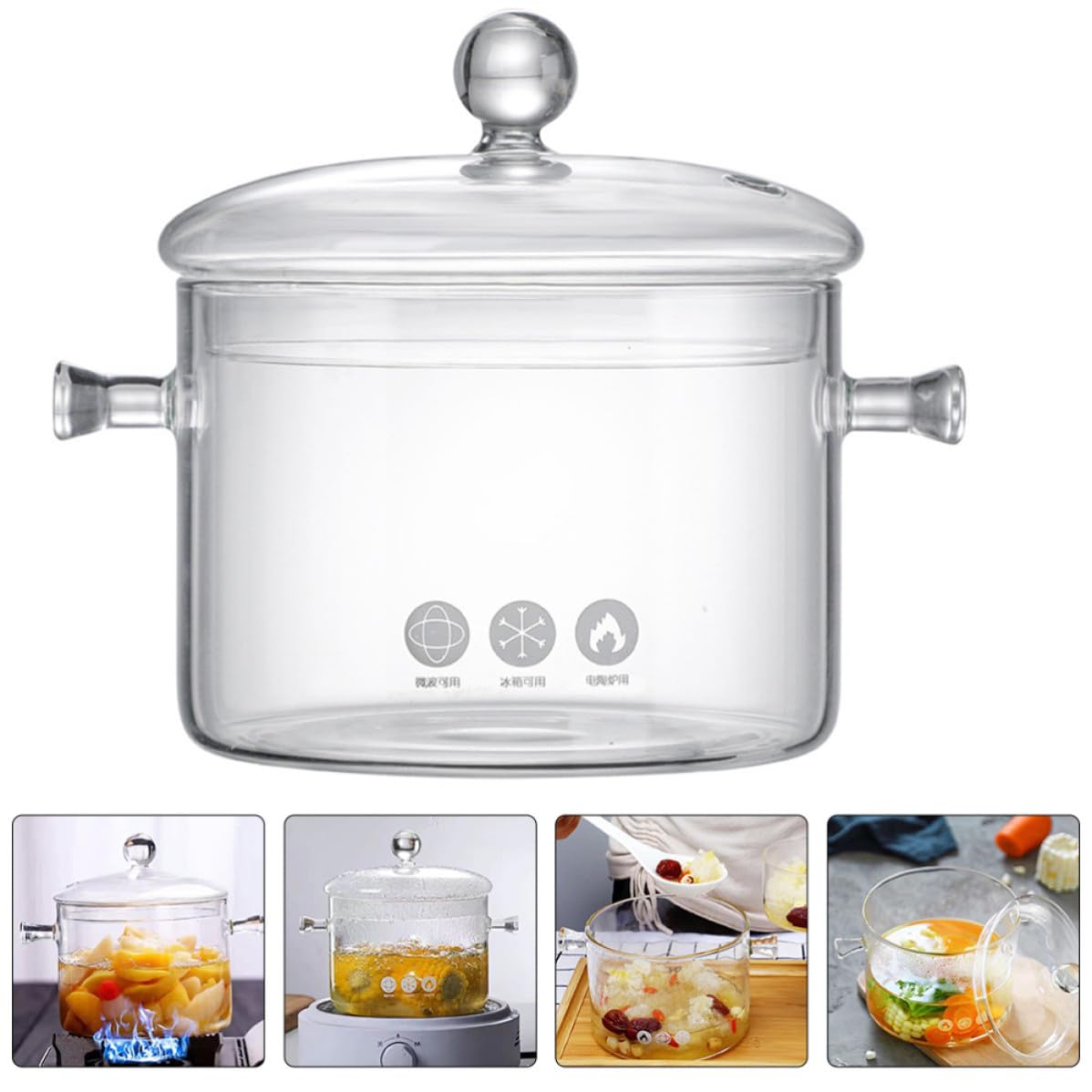 Olla de Sopa de Vidrio 1500ml Doble Asa para Cocinar