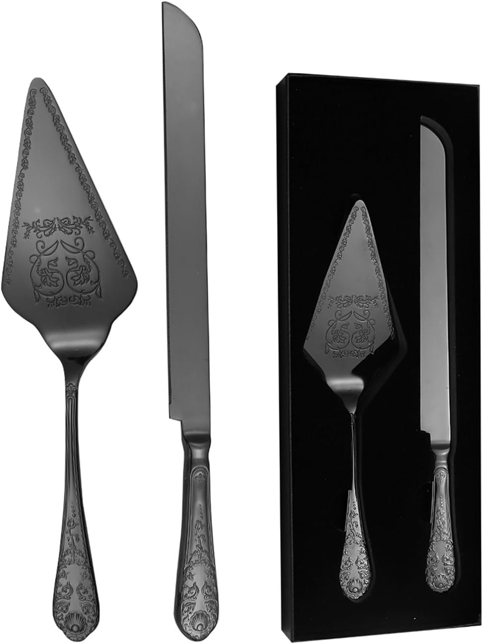 XIAOYU Wedding Cake Knife and Server Set, Stainless Steel Cake Cutting Utensils, Vintage Engraved Cake Cutter and Serving Spatula for Wedding, Parties, Birthdays, Bridal Shower, Black