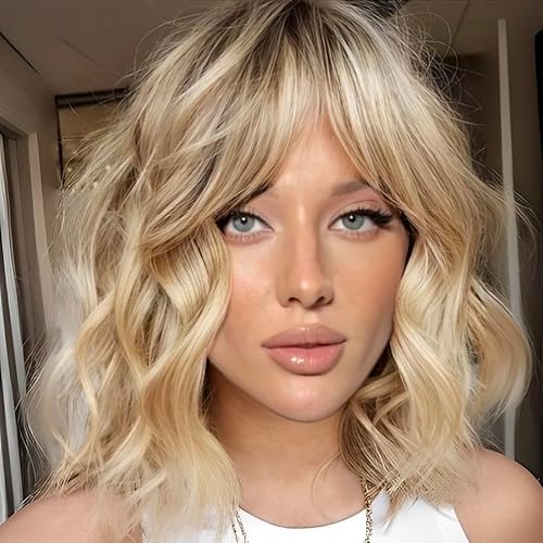 Getshow Short Light Blonde Bob Wigs for Women,Synthetic Wavy Curly Hair Wig with Bangs for Daily