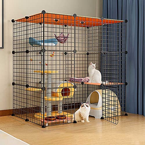 大型屋内猫用囲い、猫用犬小屋フェレットケージ取り外し可能な金属製ペット犬用運動フェンスハンモック付き、組み立て簡単、黒/白、6サイズ(ブラック 109x74x109cm)
