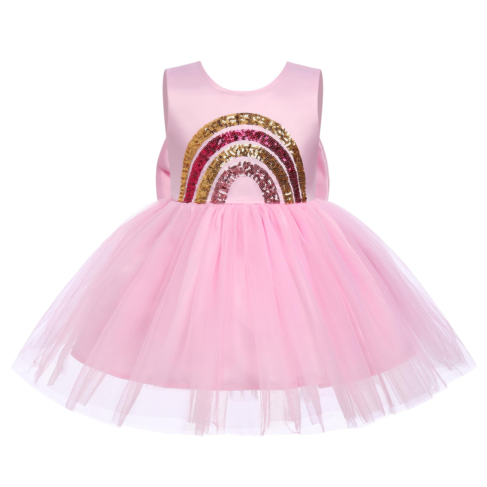 ABEWIP Girls Rainbow Sequin Tulle Dress Ruffle Sparkle Toddler Girl Kids Party Bridesmaid Wedding Gown Dresses Light Pink 3-4y