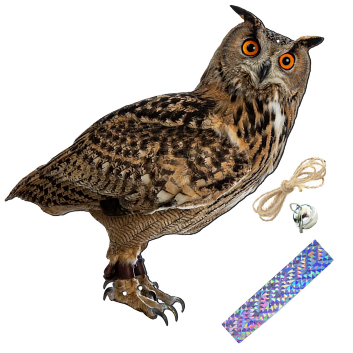 Solution anti oiseaux avec ce hibou suspendu en PP et sa cloche pour verger