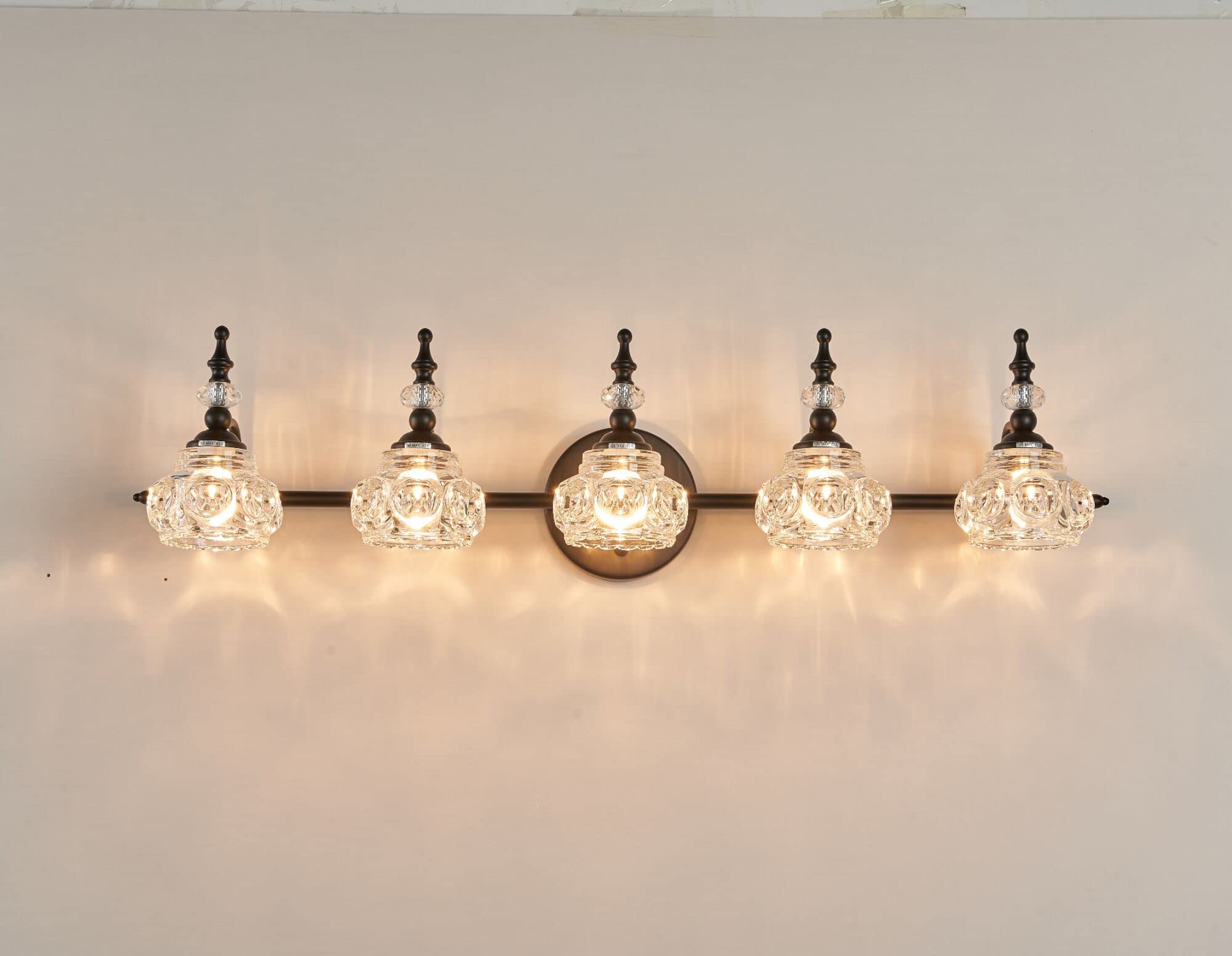 ZILANL 5-Light Vintage Bathroom Vanity Light, Black Bathroom Vanity Light Fixtures Painted Black Surface, Thick Crystal Glass Shade, Vintage Wall Sconce for Bathroom, Bedroom, Living Room