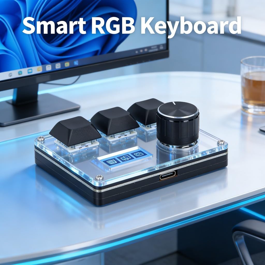 3 Keys Small Keyboard Wired Keypad with Knob, RGB Light, Macro Hot Swap, 0.96 Inch Color LCD Screen - Customizable Setup, Durable Acrylic, Efficient Control
