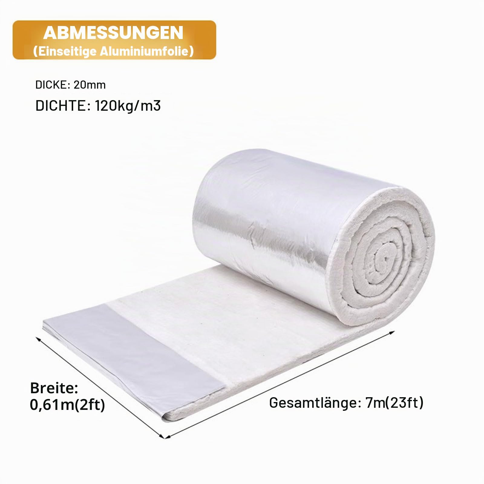 Keramikfaser-Decke Hochtemperatur Isolierung, Keramikfasermatte Isolierung Feuerfeste mit Einseitiger Aluminiumfolie für Öfen,Herde,Schamottsteine,Kessel (610mmx7000mmx20mm)