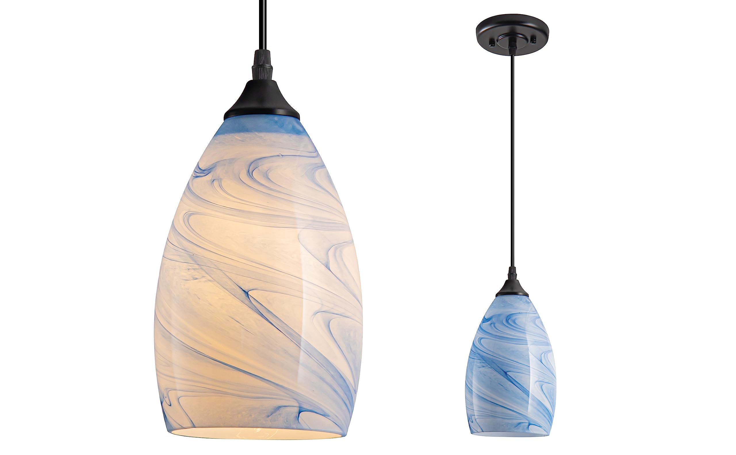 Aiehnid Blue Wood Grain Glass Shade Battery Operated Pendent Light，Not Hardwired Remote Control Ceiling Hanging Light，Battery-Powered Chandelier With Dimmable Bulb，For Farmhouse, Dining Table, Bar