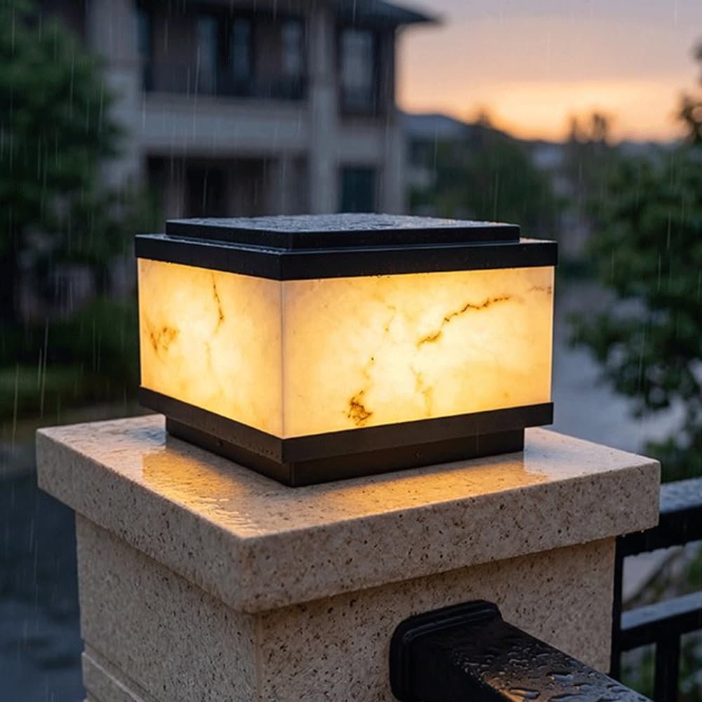 Imitation Marble Post Lights With Solar LED Column Pillar Lamps Outdoor Waterproof Gate Porch Landscape Path Lamps Brick Pedestal Bollard Lighting Solar Fence Deck Lantern Mailbox Yard Pier Lanterns