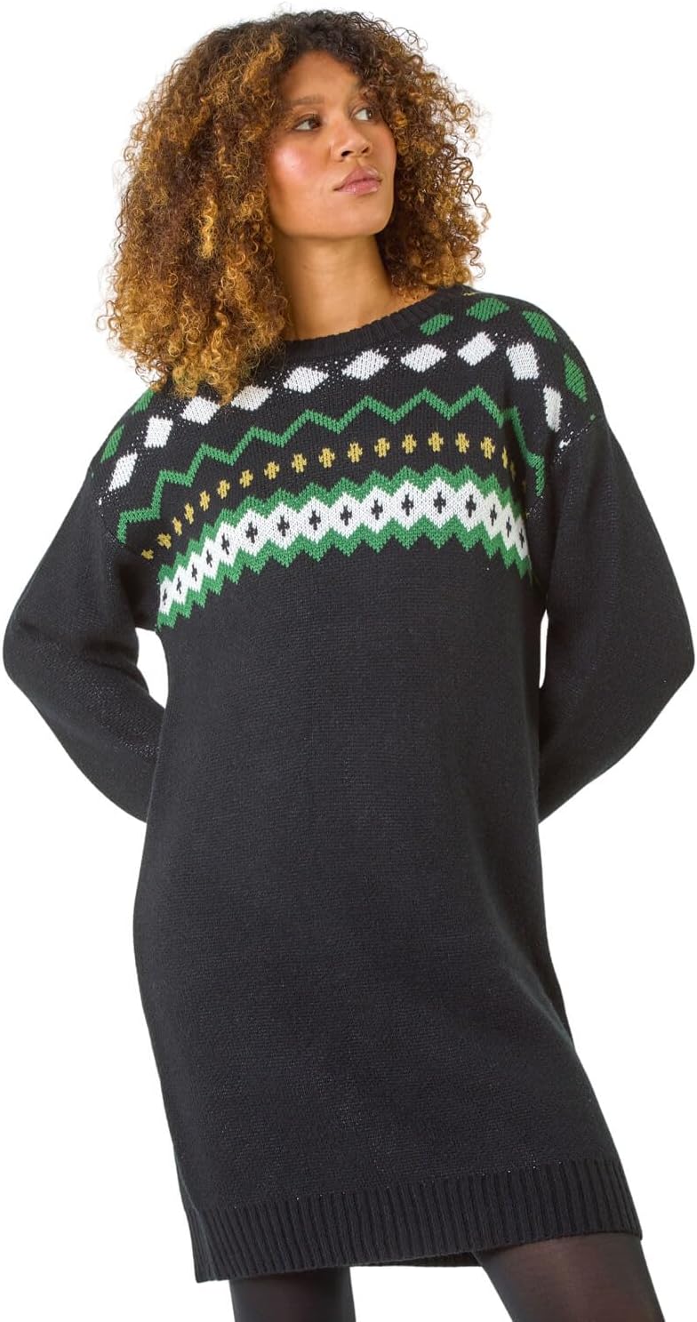 Roman Thick Jumper Dress for Women UK Ladies Fairisle Aztec Knitted Knit Sweater Knitwear Autumn Winter Holiday Round Neck Long Sleeve Soft Knee Length Sweat Warm