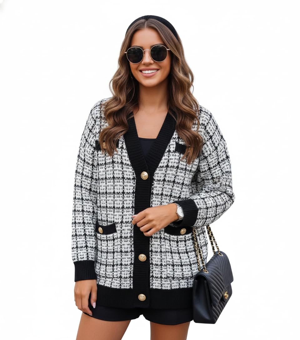 Oversize Chunky Wool Knit Tweed Cardigan Black Freesize - Sweater for Women-image-20