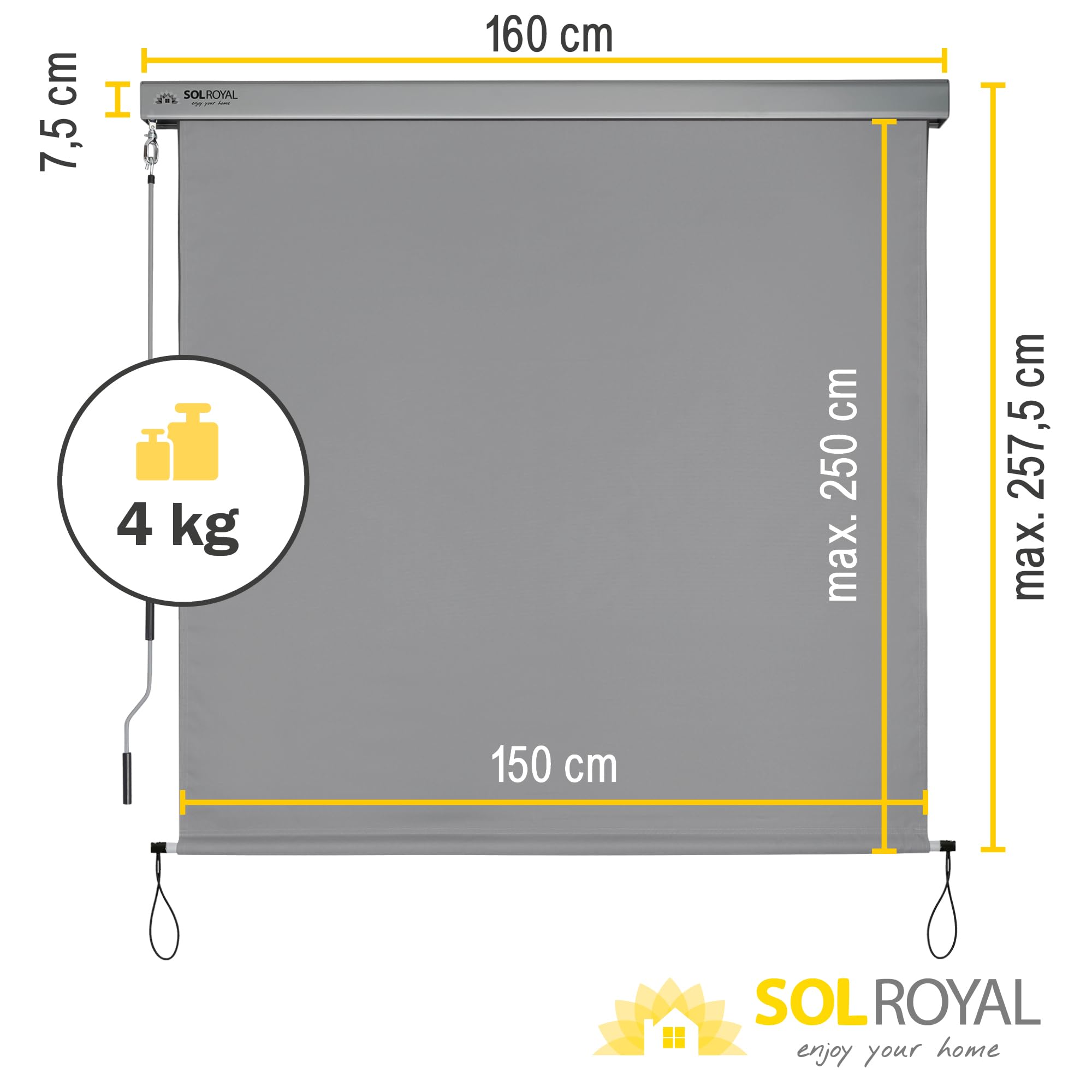 Sol Royal Senkrechtmarkise 160x250 cm MS5 Markise – Robuster Balkonsichtschutz Abnehmbare Handkurbel Wasserabweisender Sonnenschutz Terrasse Balkon Garten Wetterfeste Vertikalmarkise Grau