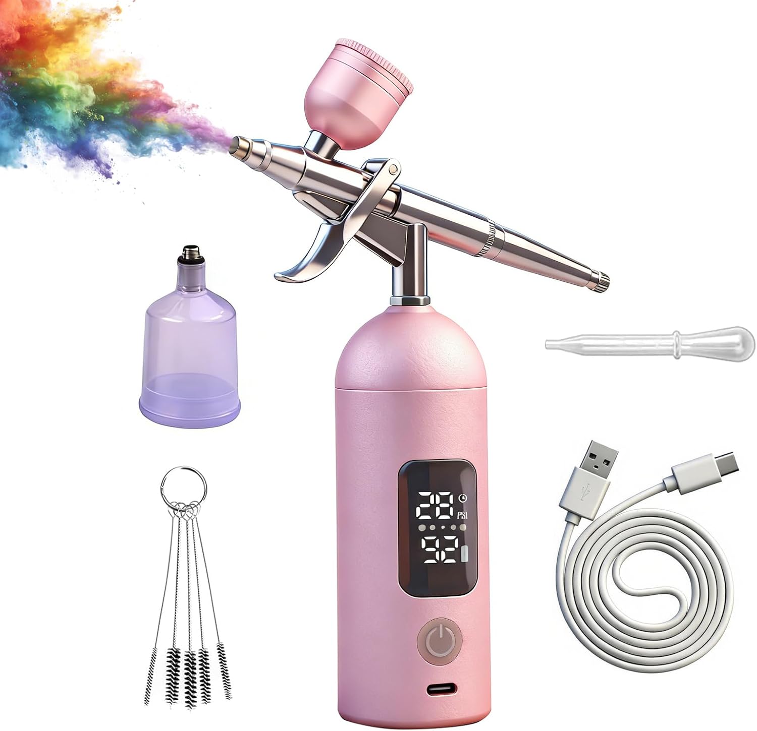 Nail Airbrush Machine 35PSI- LCD Screen Airbrush Kit with Compressor, Cordless Non-Clogging Air Brush Guns, Portable Trigger Air brush Set for Nails, Makeup, Painting, Cake, Modeling (Pink)