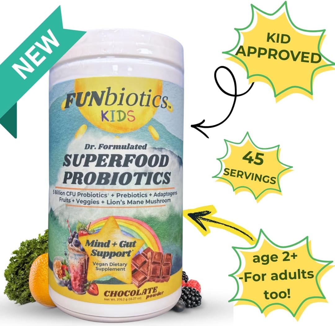 Kids - Dr. Formulated Superfood Probiotic Powder - 5 billion CFU with Prebiotics + Adaptogens + Lion's Mane | Children's Natural Mind & Gut + Immune System Support | Sugar-Free I Chocolate