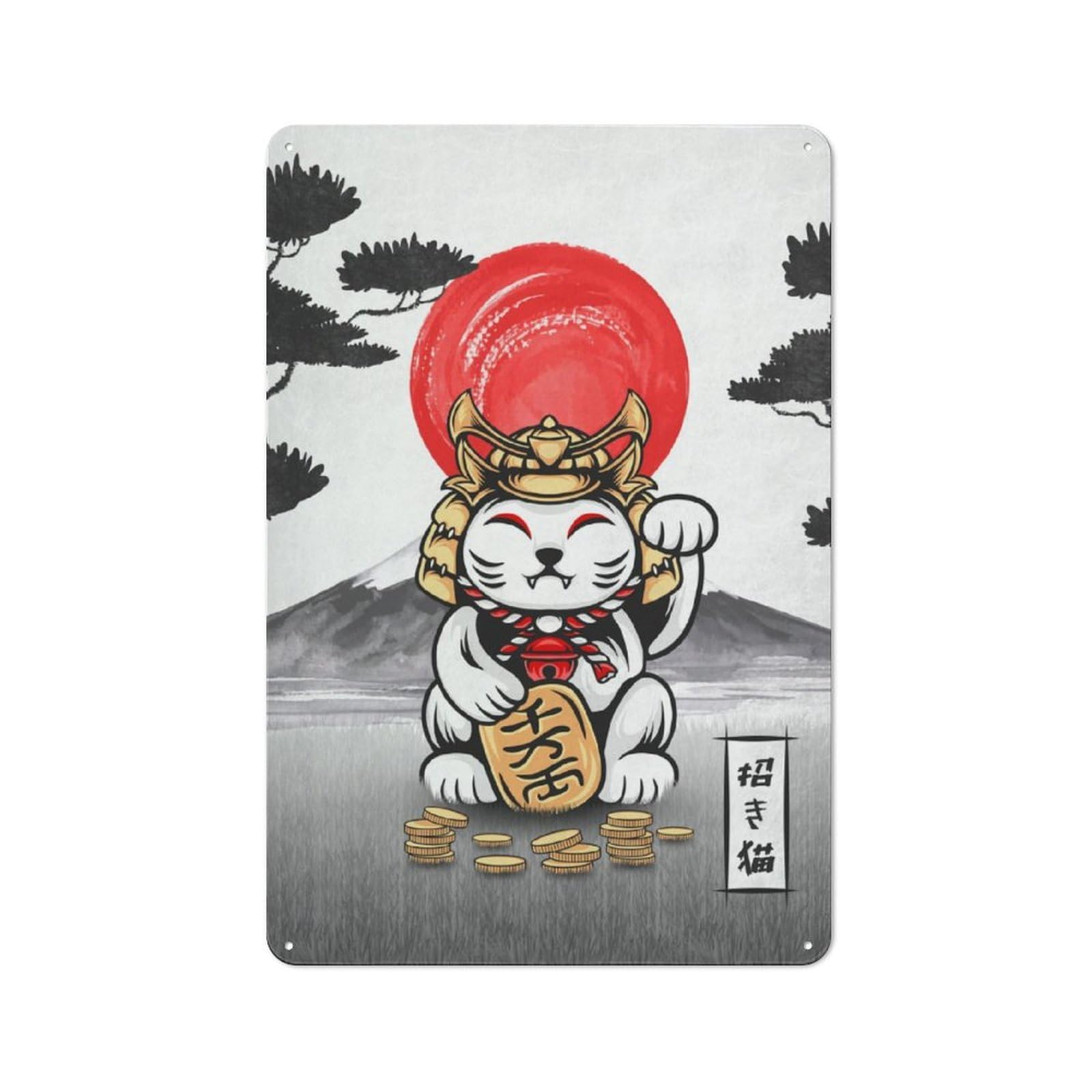 Junmoney Lucky Cat Japan Art For Lounge Or Reading Corner, Rustic Tin Sign 30X20cm, For An Autumn Update To Lounge And Reading Corner