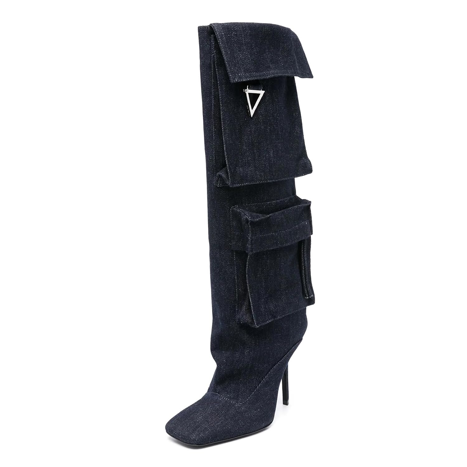 olomisa Knee High Boots for Women Denim Square Toe Stilettos Heel Long Boot Side Pocket Pull On Tall