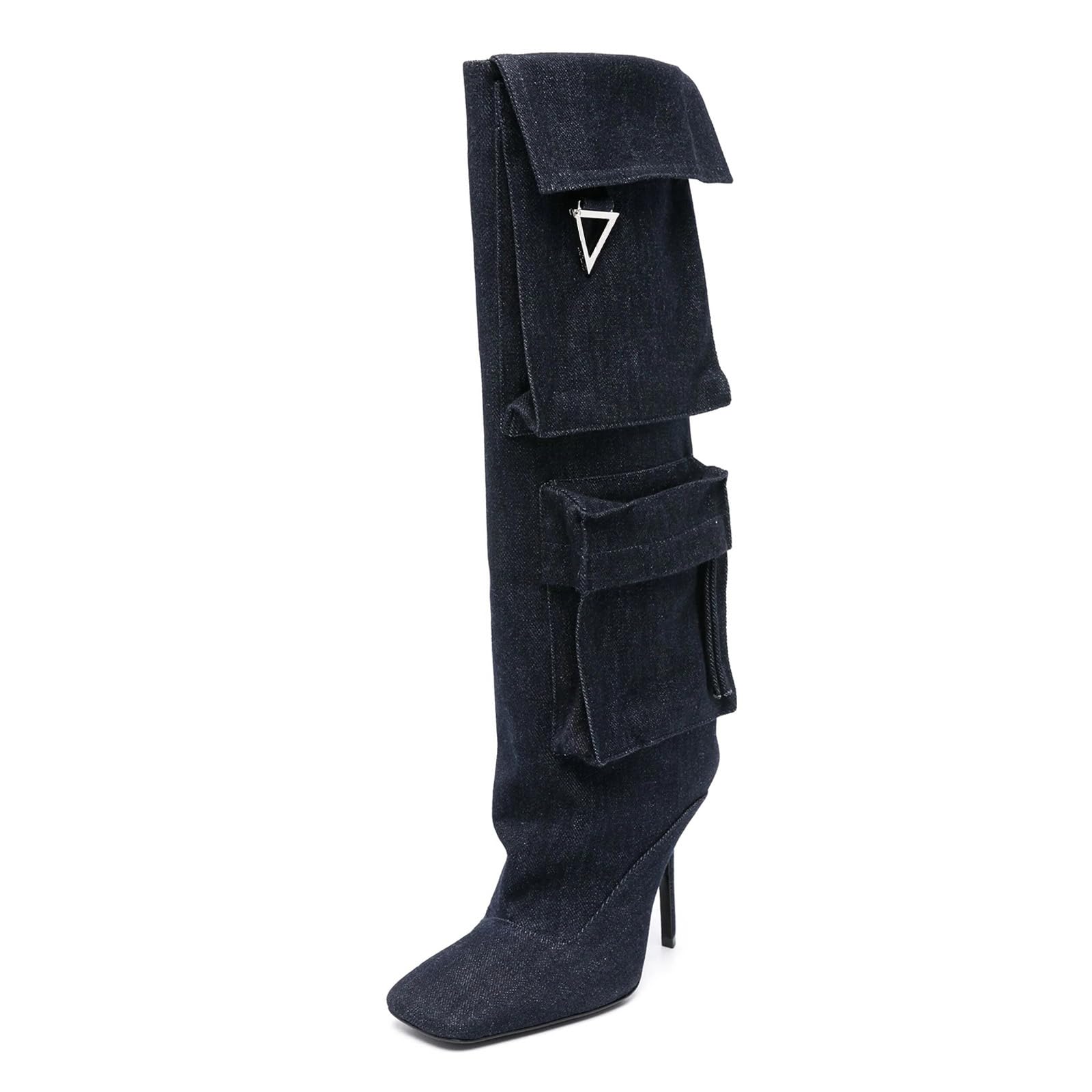 olomisa Knee High Boots for Women Denim Square Toe Stilettos Heel Long Boot Side Pocket Pull On Tall