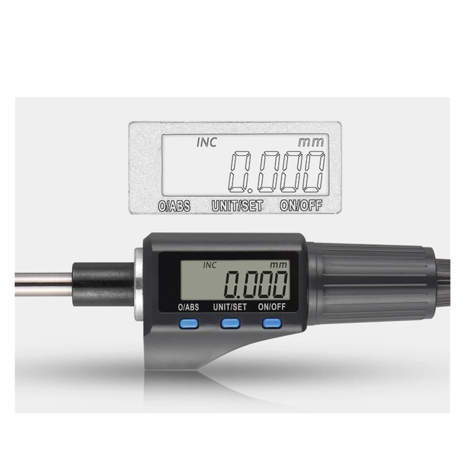 calibrar Micrómetro digital de 0-25 mm con herramienta de medición grabada y cabezal diferencial en espiral.