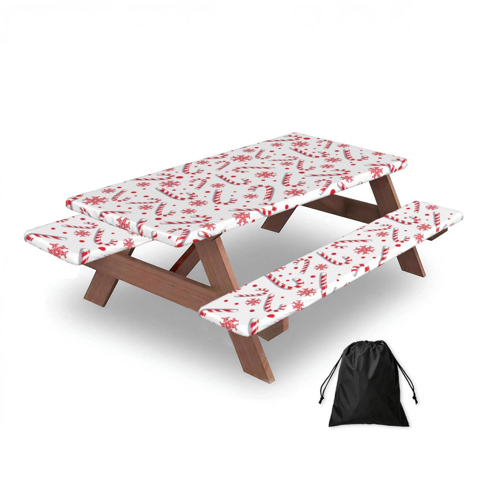 Dopklna As Picture Christmas Red Candy Cane, Picnic Table Cover With Bench Covers -Waterproof Elastic Fitted Tablecloth For Garden Camping Patio 76X152cm