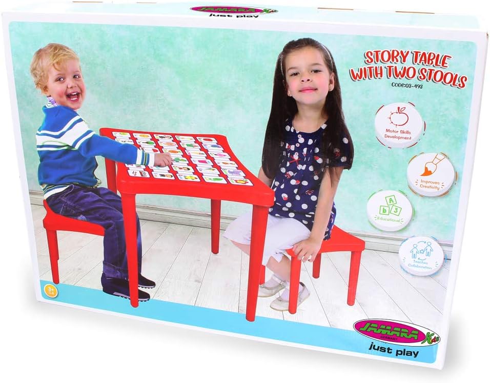 Jamara 460737 Easy Children's Seating Set of 3-Made of Robust Plastic, Suitable for Indoor and Outdoor use, Rounded Edges, can be dismantled to Save Space, Table top with Learning Pictures, red