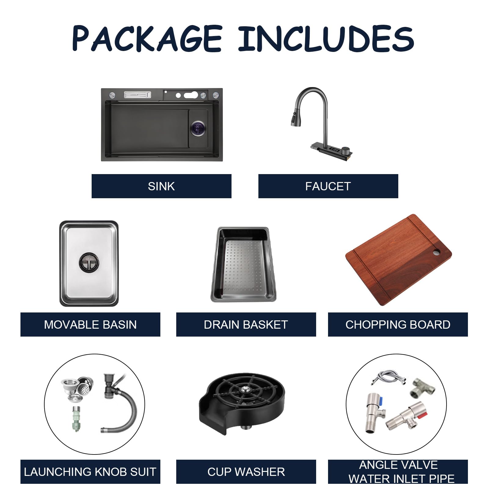 KOOGIMDDR Grigio 1 lavello da cucina con cascata, 75 x 45 cm, rubinetto a cascata a LED, tagliere scorrevole e lavastoviglie ad alta pressione, compatto e multifunzionale